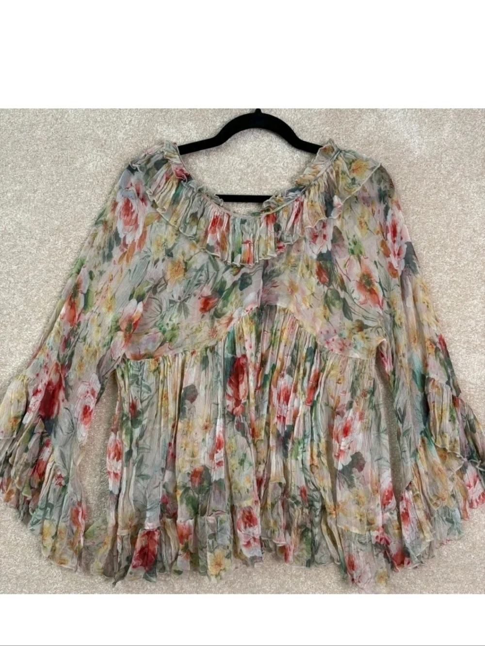 JOHNNY WAS Aria Silk Flowy Whimsigoth Semi-sheer Abstract Pastel Floral Blouse